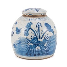 Blue &amp; White Vintage Ming Jar Plum Lily Pad Motif - Large - £189.20 GBP