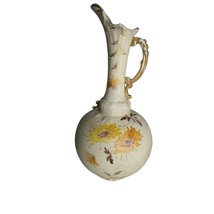 Antique Art Nouveau Hand-Painted Floral Ceramic Pitcher With Gold Handle - $37.38