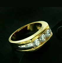 Men&#39;s 1.50Ct Round Diamond Three Stone Wedding Band Ring 14k Yellow Gold Over - £78.03 GBP