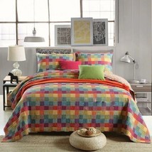 3pc Rainbow Checkered US Queen Summer 100% Cotton Quilt Coverlet Bedspread Set - £181.14 GBP
