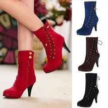 Women Rome Solid High Heel Thin Zipper Warm Flock Ankle Boots Round Toe Shoes - £56.12 GBP