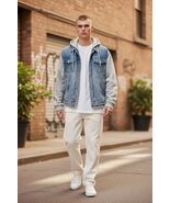 Sukoda Denim Jacket w Hoodie Mens L Quilted Lined Layered Blue - $126.07