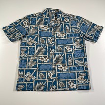 Royal Creation Hawaiian Shirt Mens L Blue Gray Floral Leaves Camp Short Sleeve - £11.17 GBP