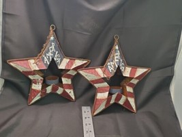 2 Rustic Americana Hanging Tea Light Holders, Star Shaped Red, White &amp; Blue - £11.20 GBP