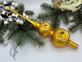 Gold Christmas glass tree topper with reflectors and glitter, XMAS finial - $28.88