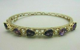 Vintage 14K Yellow Gold Over 16.5CT Heart Cut Amethyst &amp; Pearl Bangle Bracelet - £141.97 GBP