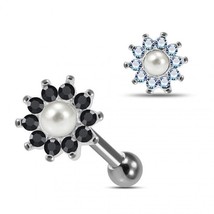 Round CZ Flower &amp; Pearl Center 925 Sterling Silver Cartilage Tragus Piercing 16G - £46.46 GBP+