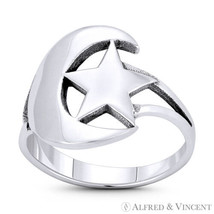 Crescent Moon &amp; Star Turkish &amp; Islam Charm .925 Sterling Silver Right-Hand Ring - £19.13 GBP