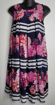 Vince Camuto Womens Dress Small Blue Pink Stripe Floral Print Pleat Slee... - $28.99