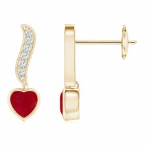 Natural Ruby Heart Drop Earrings with Diamond in 14K Gold (Grade-AA , 4MM) - £547.73 GBP