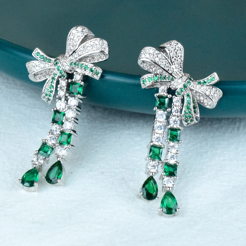 Fashion hot brand pure 925 sterling silver sweet bow earrings, women&#39;s green tas - £40.74 GBP