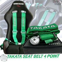 New Set Takata Seat Belt Harness 4 Point Snap On 3&quot; Cam lock Universal GREEN - £89.63 GBP