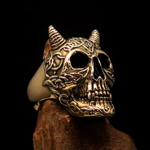 Men&#39;s Devil Biker Ring horned Celtic Runes Skull - antiqued Brass - £18.77 GBP+