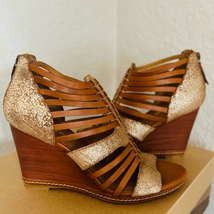 TRASK Sammi Gladiator Wedge Leather Sandal, Open Toe, Brown/Gold, Size 7.5, NWT - £37.59 GBP