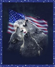 35&quot; X 44&quot; Panel Howling Wolves Moon American Flag Cotton Fabric Panel D483.61 - £11.34 GBP