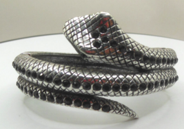 Vintage Coiled Snake Hinged Bangle Bracelet Black Rhinestones and Green Eyes - £19.87 GBP