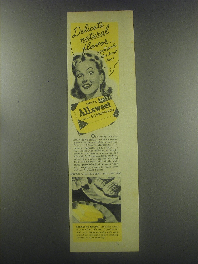 1945 Swift's Allsweet Oleomargarine Advertisement - Delicate natural flavor - $18.49