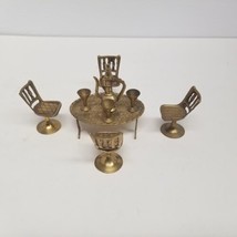 Vintage Brass Miniature Table &amp; Chair Set w/ Glasses &amp; Pitcher, Fairy Garden - £19.53 GBP