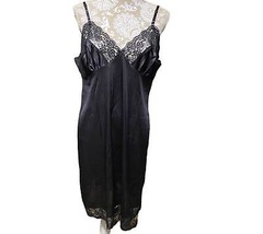 Vtg black nylon/lace Full Slip dress with lace trim Size L / see measure... - $35.64