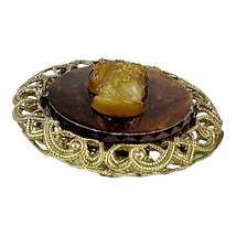 Vintage Western GERMANY Root Beer Glass Gold Tone Filigree Cameo Pin Brooch - £14.70 GBP
