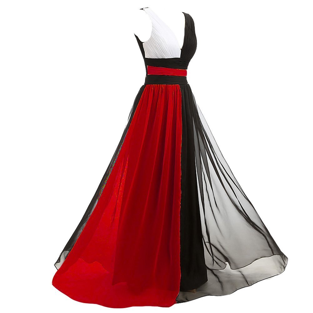 Kivary V Neck Long Black and White Chiffon Pleats Simple Prom Evening Dresses Wi