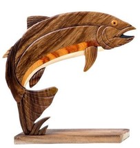 Rainbow Trout Fish Intarsia Wood Table Top Home Decor Handcrafted - £31.02 GBP