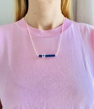 Glitter Blue Cycladic Evil Eye Necklace, Handmade Polymer Clay Tube with Cube Ch - £18.50 GBP