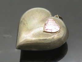 925 Silver - Vintage Pink Cubic Zirconia Heavy Love Heart Pendant - PT16478 - £88.78 GBP