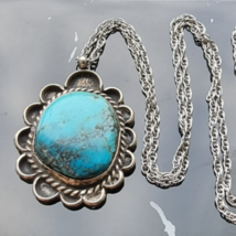 NATIVE AMERICAN NAVAJO 925 STERLING SILVER BLUE TURQUOISE FLOWER NECKLACE - $88.11
