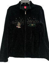 Merry &amp; Bright UGLY Christmas Tree Ice Skating Black Full Zip Velvet Sweater Med - £9.74 GBP