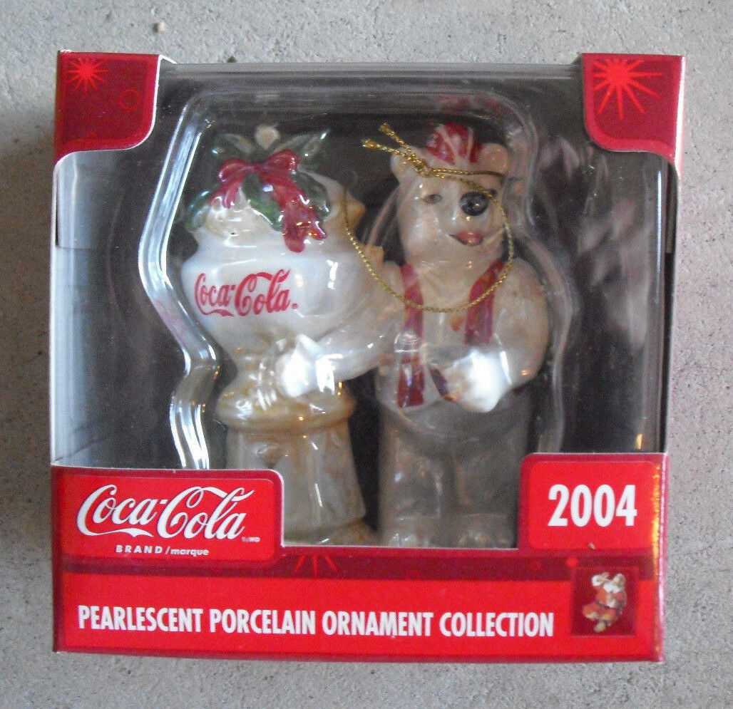 Primary image for 2004 Coca Cola Pearlescent Porcelain Bear with Fountain Christmas Ornament NIB