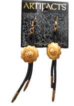 VTG J. J. Jonette Earrings Western Bolo Tie Gold Tone &amp; Black String Sig... - £21.45 GBP