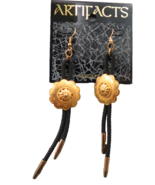 VTG J. J. Jonette Earrings Western Bolo Tie Gold Tone &amp; Black String Sig... - £21.16 GBP