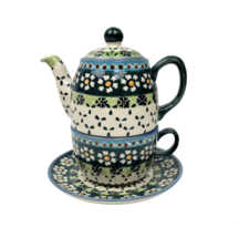 Boleslawiec Polish Pottery Ceramika Wiza Nesting Teapot Cup Saucer Green Daisy - £40.18 GBP