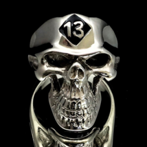 Sterling silver Biker ring Grinning Skull 13 symbol on Black enamel high polishe - £82.37 GBP