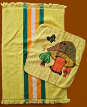 Vintage 1970s Cannon Mushroom Dish Cloth &amp; Tea Towel Yellow Brown Orange... - £27.36 GBP