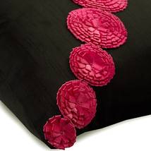 Black Art Silk 16&quot;x16&quot; Ribbon Origami Flower Pillows Cover, Fuchsia Flowers - £25.63 GBP+
