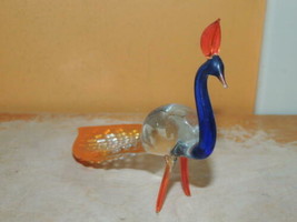 Art Glass Peacock 5&quot;x4&quot;x2&quot; clear blue orange bumpy tail blown unmarked Vintage - £18.13 GBP