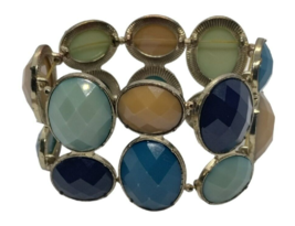 Vintage Faceted Plastic Cabochon Cuff Bracelet Stretch Costume Jewelry Faux Gems - £13.36 GBP