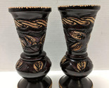 Vintage Matched Pair Hand Carved Floral Natural Wood Vase Boho Mid Centu... - $39.55