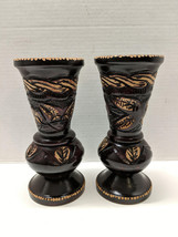 Vintage Matched Pair Hand Carved Floral Natural Wood Vase Boho Mid Century 10.5” - £31.78 GBP