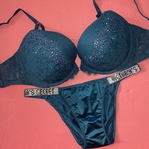 Victoria&#39;s Secret 32DDD,34D,36DDD Bra Set Panty Blue Teal Fishnet Shine Strap - £94.66 GBP