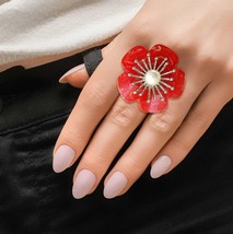 Fashion Marbled Red Acrylic Flower Pearl Center Gold Plated Adjustable Ring - £27.41 GBP