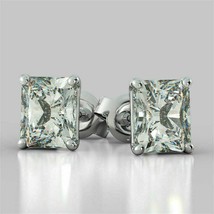 White Gold Plated Silver 2Ct Radiant Simulated Diamond 4-Prong Stud Earrings - £78.28 GBP