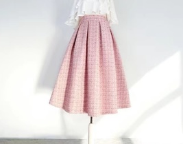 Winter Pink Tweed Midi Skirt Outfit Women Plus Size A-line Pleated Party Skirt image 3