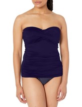 $60 Anne Cole Women&#39;s Solid Twist Front Shirred Bandeau Tankini Top Navy Large - £8.25 GBP