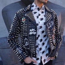 Men s cowhide leather punk full silver studded black motorcycle jacket coat1 thumb200