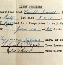 Libby Cemetery Plot Certificate Signed Official 1950 Harmony Maine DWS9A - $29.99