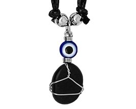 Metal Wire Wrapped Tumbled Gemstone Crystal Blue Evil Eye Bead Pendant Adjustabl - £12.47 GBP