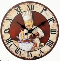 Kitchen Round Wall Wooden Clock (12&quot; Dia.) Fat Chef Pouring Wine, Roman Numbers - £19.89 GBP